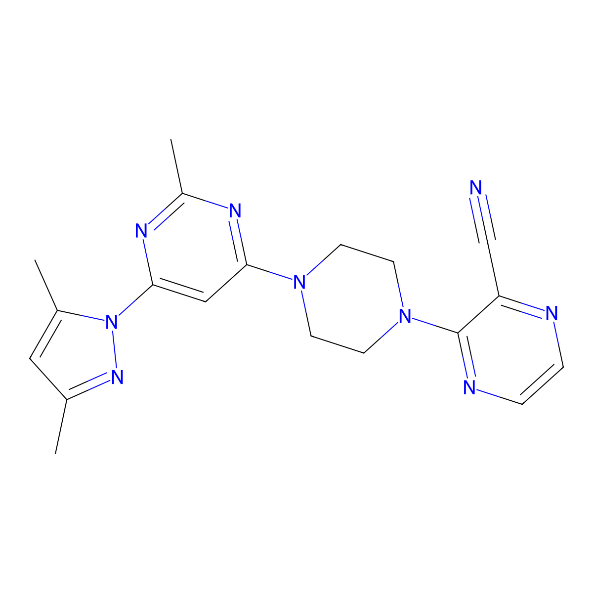 3-{4-[6-(3,5-dimethyl-1H-pyrazol-1-yl)-2-methylpyrimidin-4-yl]piperazin-1-yl}pyrazine-2-carbonitrile molecular structure, CAS 2548991-57-5