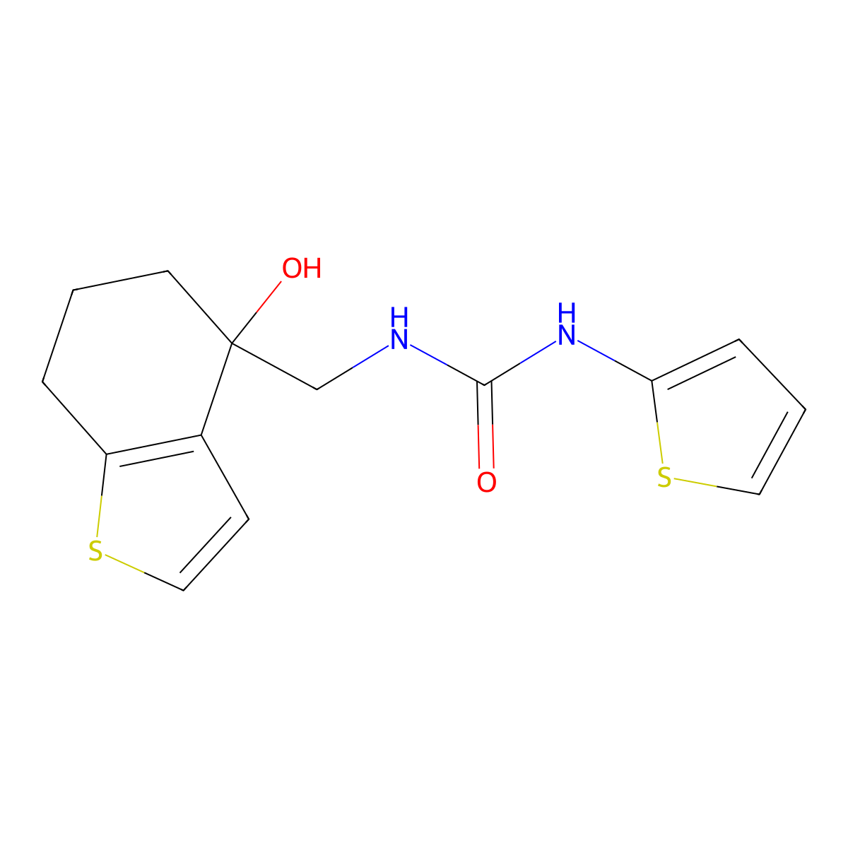1-[(4-Hydroxy-4,5,6,7-tetrahydro-1-benzothiophen-4-yl)methyl]-3-(thiophen-2-yl)urea molecular structure, CAS 2548991-65-5