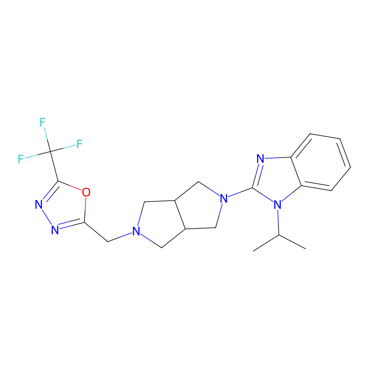 1-(propan-2-yl)-2-(5-{[5-(trifluoromethyl)-1,3,4-oxadiazol-2-yl]methyl}-octahydropyrrolo[3,4-c]pyrrol-2-yl)-1H-1,3-benzodiazole molecular structure, CAS 2548991-68-8