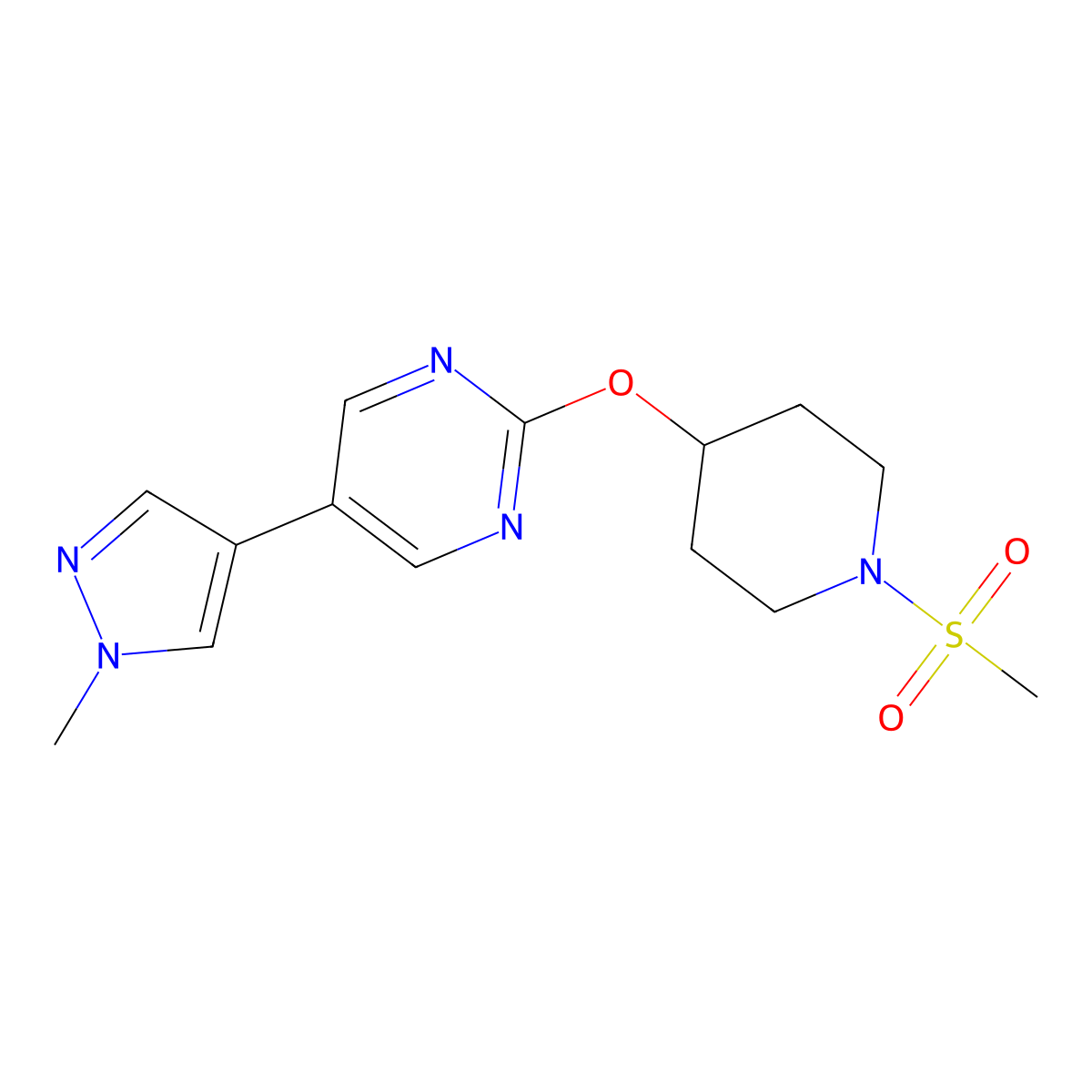 2-[(1-methanesulfonylpiperidin-4-yl)oxy]-5-(1-methyl-1H-pyrazol-4-yl)pyrimidine molecular structure, CAS 2548991-69-9