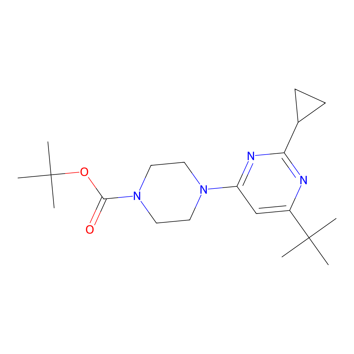 Tert-butyl 4-(6-tert-butyl-2-cyclopropylpyrimidin-4-yl)piperazine-1-carboxylate molecular structure, CAS 2548991-71-3