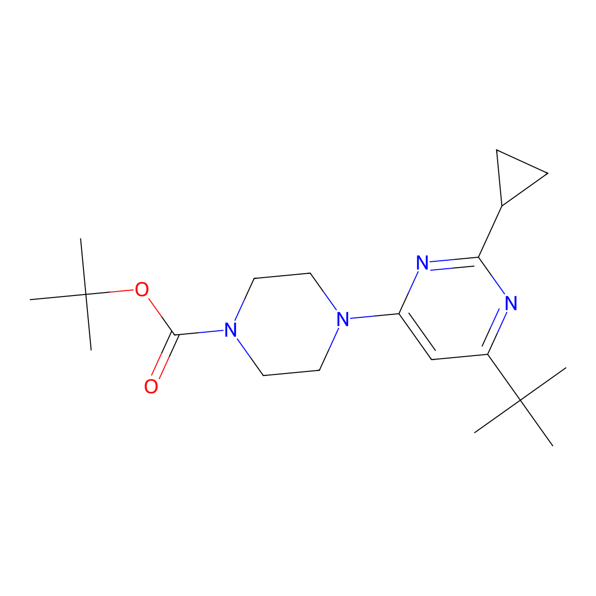 Tert-butyl 4-(6-tert-butyl-2-cyclopropylpyrimidin-4-yl)piperazine-1-carboxylate molecular structure, CAS 2548991-71-3