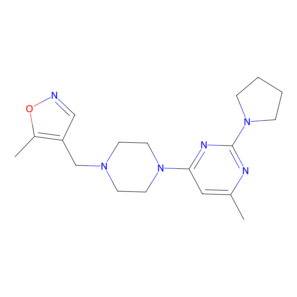 4-Methyl-6-{4-[(5-methyl-1,2-oxazol-4-yl)methyl]piperazin-1-yl}-2-(pyrrolidin-1-yl)pyrimidine molecular structure, CAS 2548991-72-4