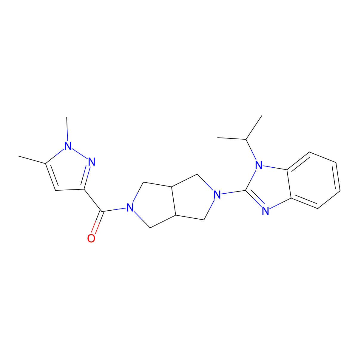 2-[5-(1,5-dimethyl-1H-pyrazole-3-carbonyl)-octahydropyrrolo[3,4-c]pyrrol-2-yl]-1-(propan-2-yl)-1H-1,3-benzodiazole molecular structure, CAS 2548991-74-6
