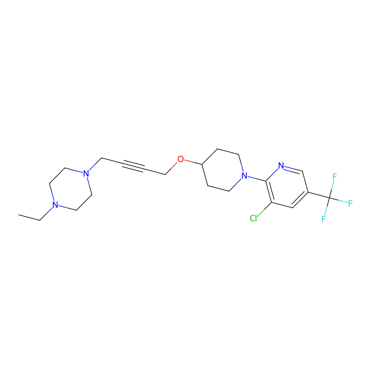 1-[4-({1-[3-Chloro-5-(trifluoromethyl)pyridin-2-yl]piperidin-4-yl}oxy)but-2-yn-1-yl]-4-ethylpiperazine molecular structure, CAS 2548991-92-8