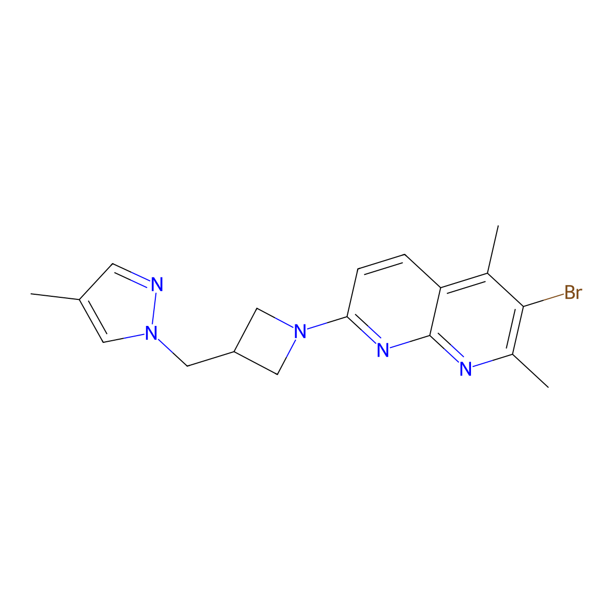 3-bromo-2,4-dimethyl-7-{3-[(4-methyl-1H-pyrazol-1-yl)methyl]azetidin-1-yl}-1,8-naphthyridine molecular structure, CAS 2548991-93-9
