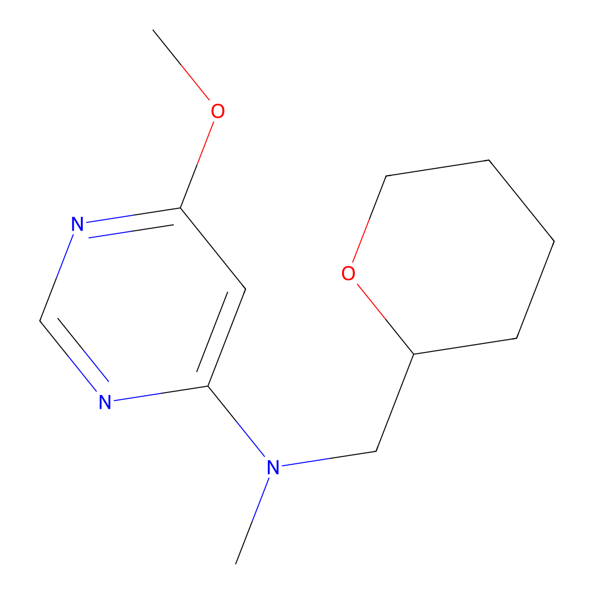 6-methoxy-N-methyl-N-[(oxan-2-yl)methyl]pyrimidin-4-amine molecular structure, CAS 2548991-99-5