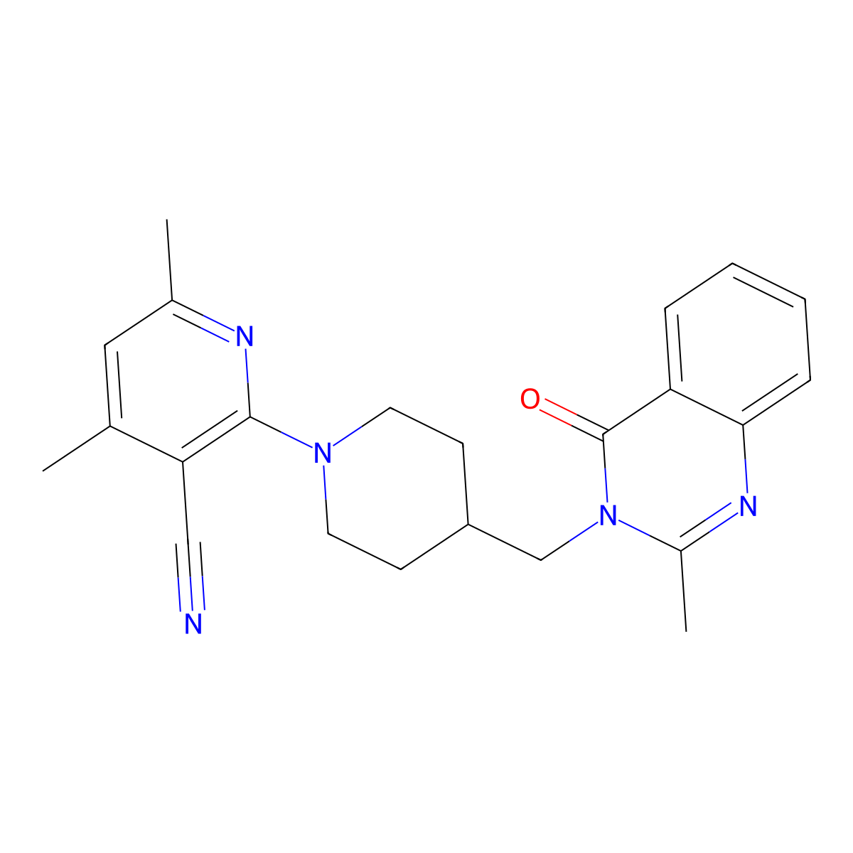 4,6-Dimethyl-2-{4-[(2-methyl-4-oxo-3,4-dihydroquinazolin-3-yl)methyl]piperidin-1-yl}pyridine-3-carbonitrile molecular structure, CAS 2548992-03-4