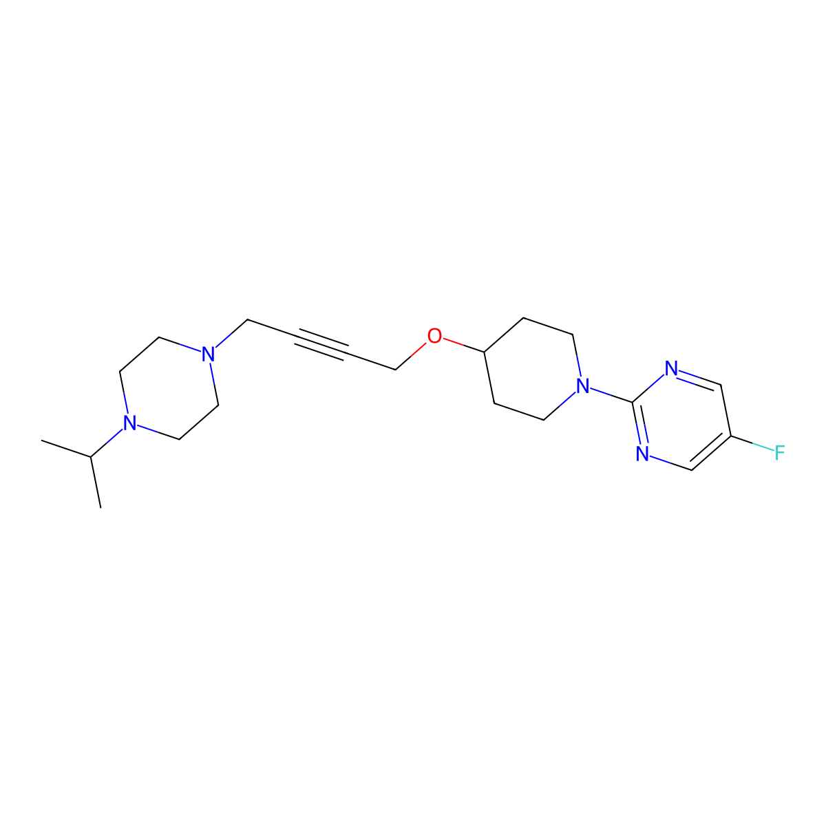 5-Fluoro-2-[4-({4-[4-(propan-2-yl)piperazin-1-yl]but-2-yn-1-yl}oxy)piperidin-1-yl]pyrimidine molecular structure, CAS 2548992-06-7