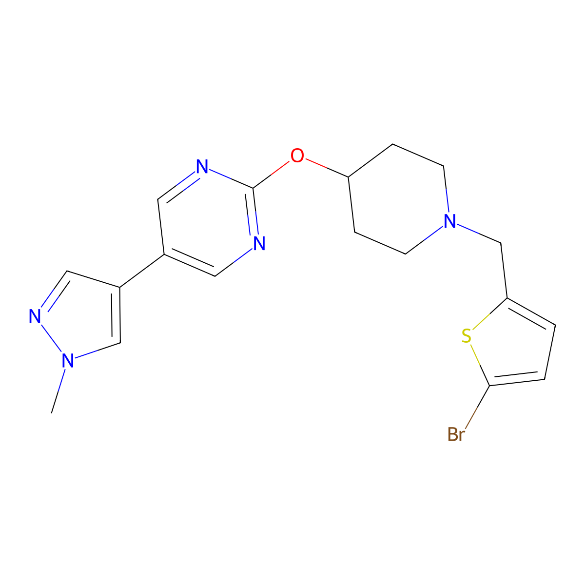 2-({1-[(5-bromothiophen-2-yl)methyl]piperidin-4-yl}oxy)-5-(1-methyl-1H-pyrazol-4-yl)pyrimidine molecular structure, CAS 2548992-11-4
