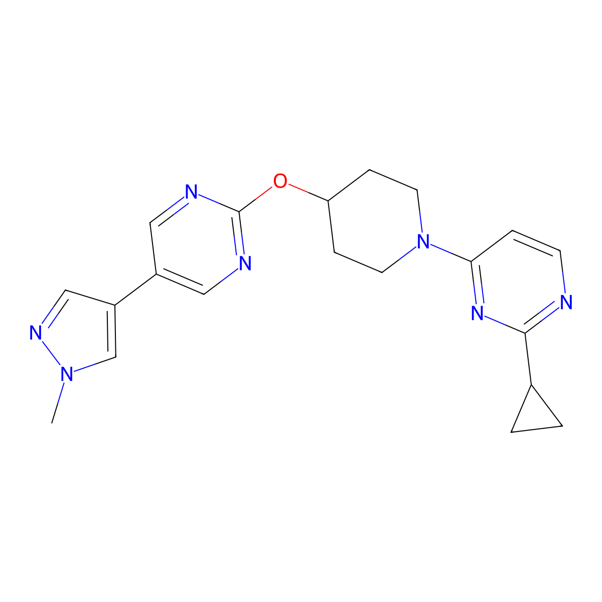 2-cyclopropyl-4-(4-{[5-(1-methyl-1H-pyrazol-4-yl)pyrimidin-2-yl]oxy}piperidin-1-yl)pyrimidine molecular structure, CAS 2548992-30-7