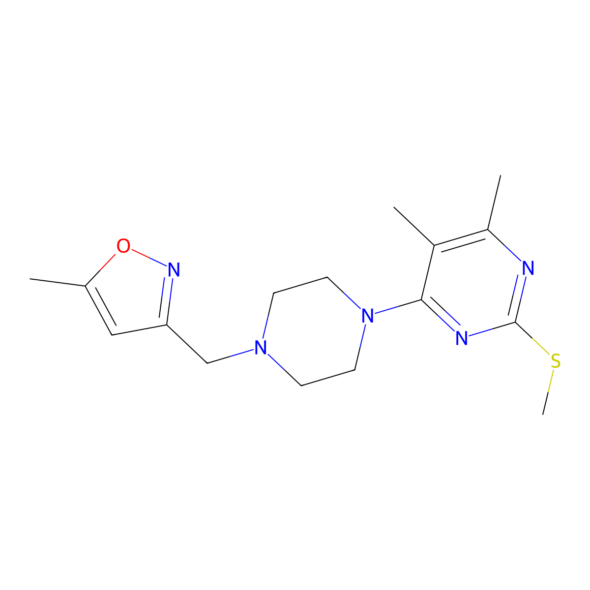 4,5-Dimethyl-6-{4-[(5-methyl-1,2-oxazol-3-yl)methyl]piperazin-1-yl}-2-(methylsulfanyl)pyrimidine molecular structure, CAS 2548992-33-0