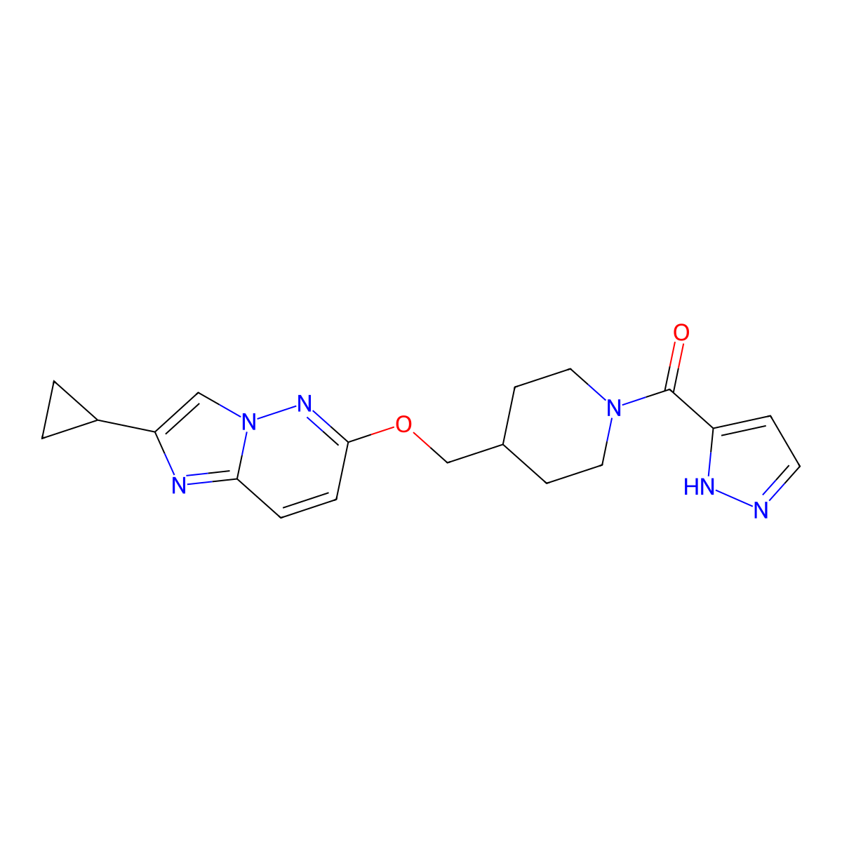 4-[({2-cyclopropylimidazo[1,2-b]pyridazin-6-yl}oxy)methyl]-1-(1H-pyrazole-3-carbonyl)piperidine molecular structure, CAS 2548992-34-1