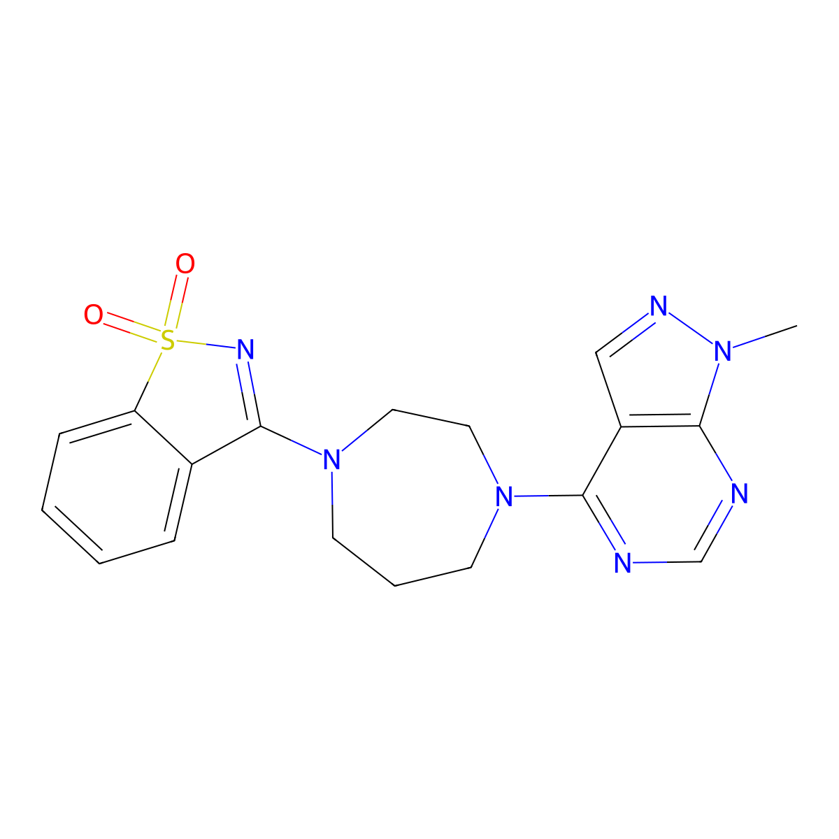 3-[4-(1-Methylpyrazolo[5,4-d]pyrimidin-4-yl)-1,4-diazepan-1-yl]-1,2-benzothiazole 1,1-dioxide molecular structure, CAS 2548992-38-5