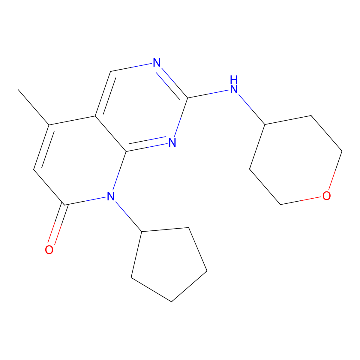 8-cyclopentyl-5-methyl-2-[(oxan-4-yl)amino]-7H,8H-pyrido[2,3-d]pyrimidin-7-one molecular structure, CAS 2548992-39-6