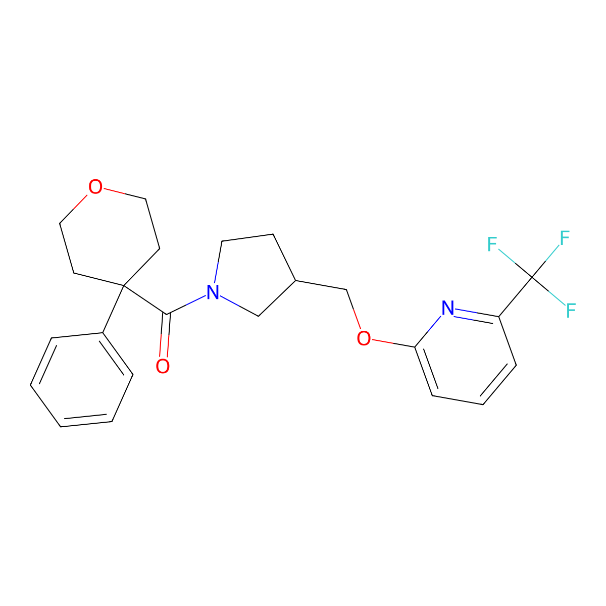 2-{[1-(4-Phenyloxane-4-carbonyl)pyrrolidin-3-yl]methoxy}-6-(trifluoromethyl)pyridine molecular structure, CAS 2548992-42-1