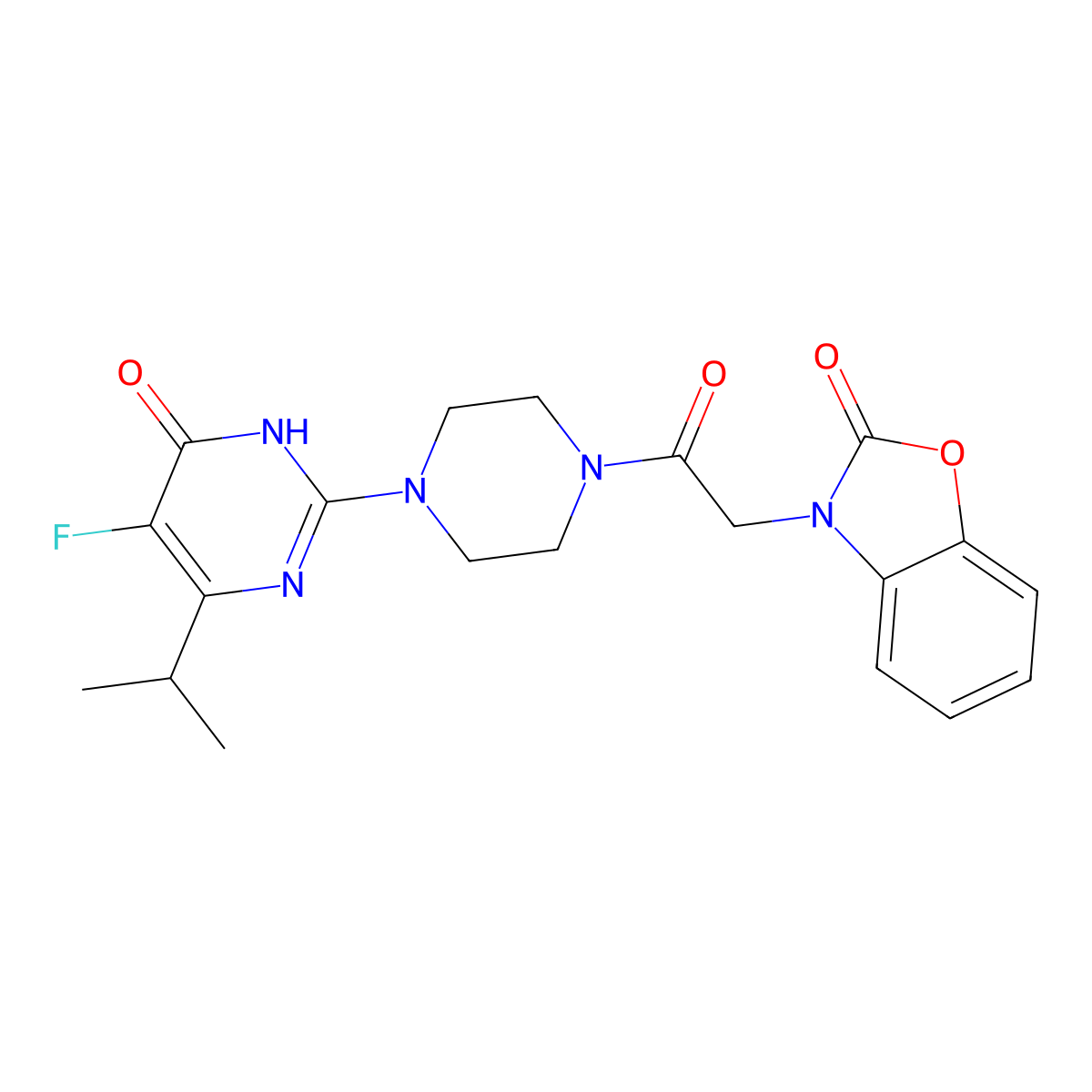 3-(2-{4-[5-Fluoro-6-oxo-4-(propan-2-yl)-1,6-dihydropyrimidin-2-yl]piperazin-1-yl}-2-oxoethyl)-2,3-dihydro-1,3-benzoxazol-2-one molecular structure, CAS 2548992-44-3