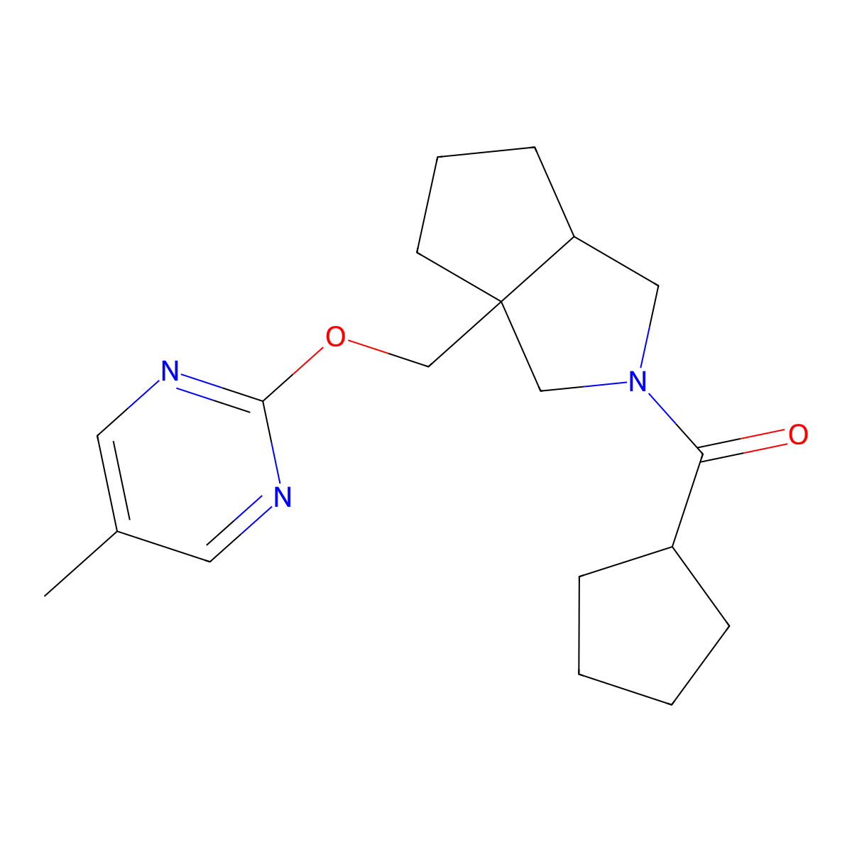 2-({2-Cyclopentanecarbonyl-octahydrocyclopenta[c]pyrrol-3a-yl}methoxy)-5-methylpyrimidine molecular structure, CAS 2548992-45-4