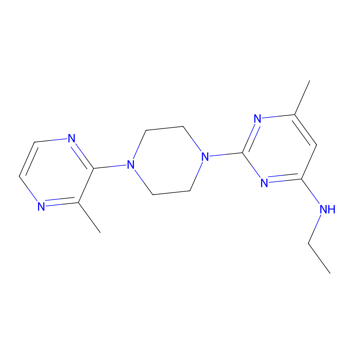 N-ethyl-6-methyl-2-[4-(3-methylpyrazin-2-yl)piperazin-1-yl]pyrimidin-4-amine molecular structure, CAS 2548992-47-6