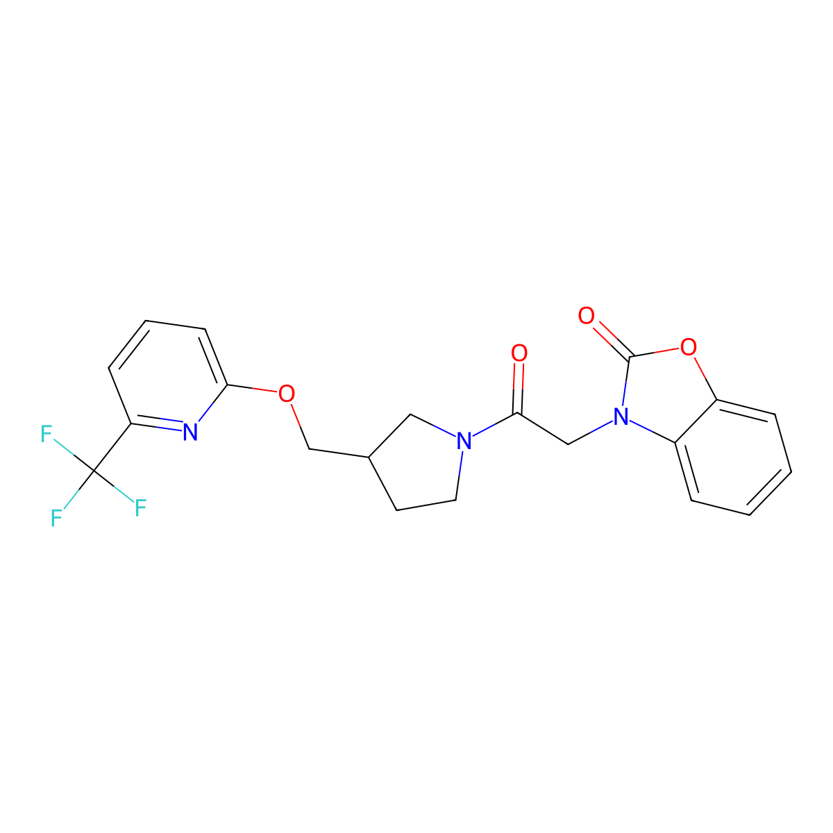 3-{2-Oxo-2-[3-({[6-(trifluoromethyl)pyridin-2-yl]oxy}methyl)pyrrolidin-1-yl]ethyl}-2,3-dihydro-1,3-benzoxazol-2-one molecular structure, CAS 2548992-49-8