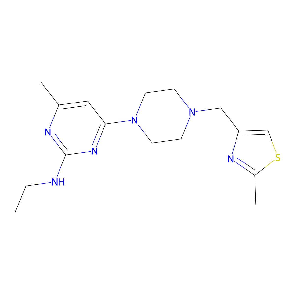 N-ethyl-4-methyl-6-{4-[(2-methyl-1,3-thiazol-4-yl)methyl]piperazin-1-yl}pyrimidin-2-amine molecular structure, CAS 2548992-54-5