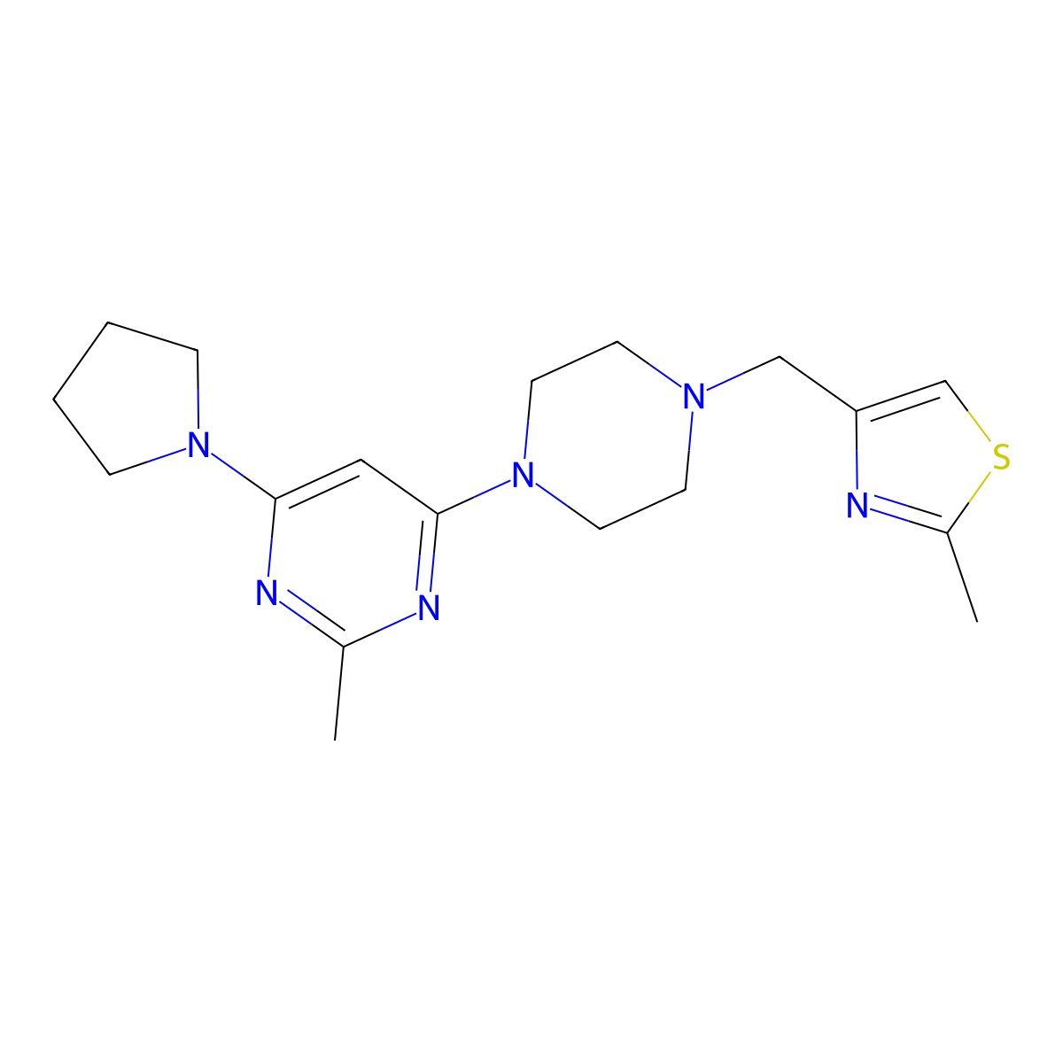 2-Methyl-4-{4-[(2-methyl-1,3-thiazol-4-yl)methyl]piperazin-1-yl}-6-(pyrrolidin-1-yl)pyrimidine molecular structure, CAS 2548992-55-6