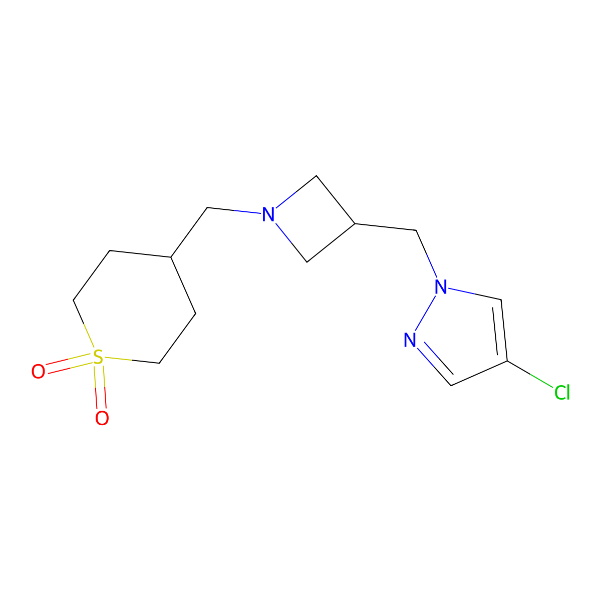 4-({3-[(4-chloro-1H-pyrazol-1-yl)methyl]azetidin-1-yl}methyl)-1lambda6-thiane-1,1-dione molecular structure, CAS 2548992-60-3