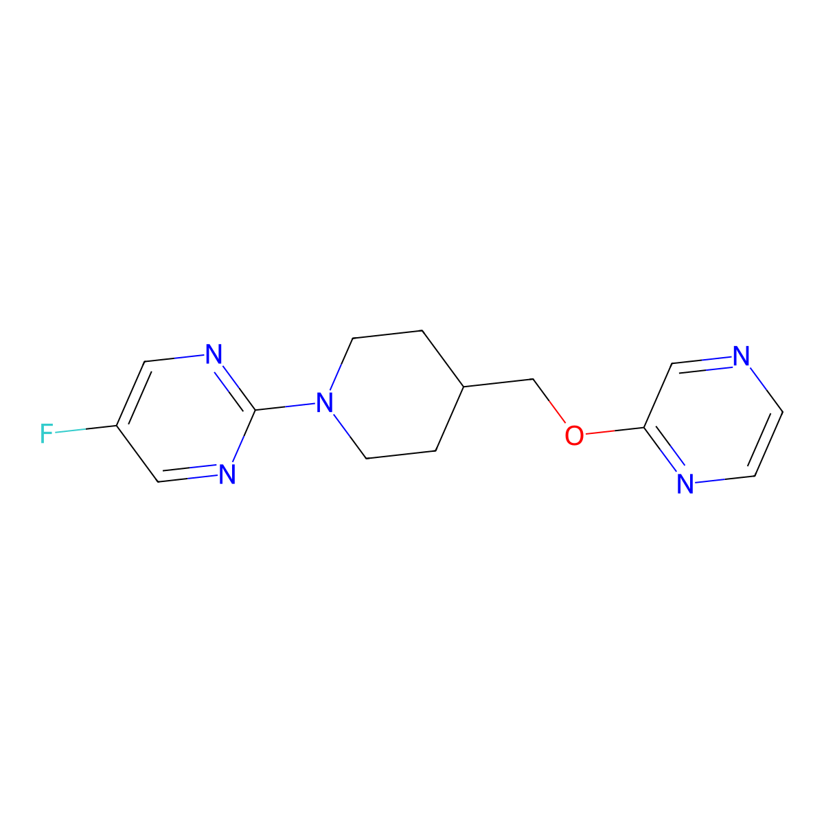 5-Fluoro-2-{4-[(pyrazin-2-yloxy)methyl]piperidin-1-yl}pyrimidine molecular structure, CAS 2548992-61-4