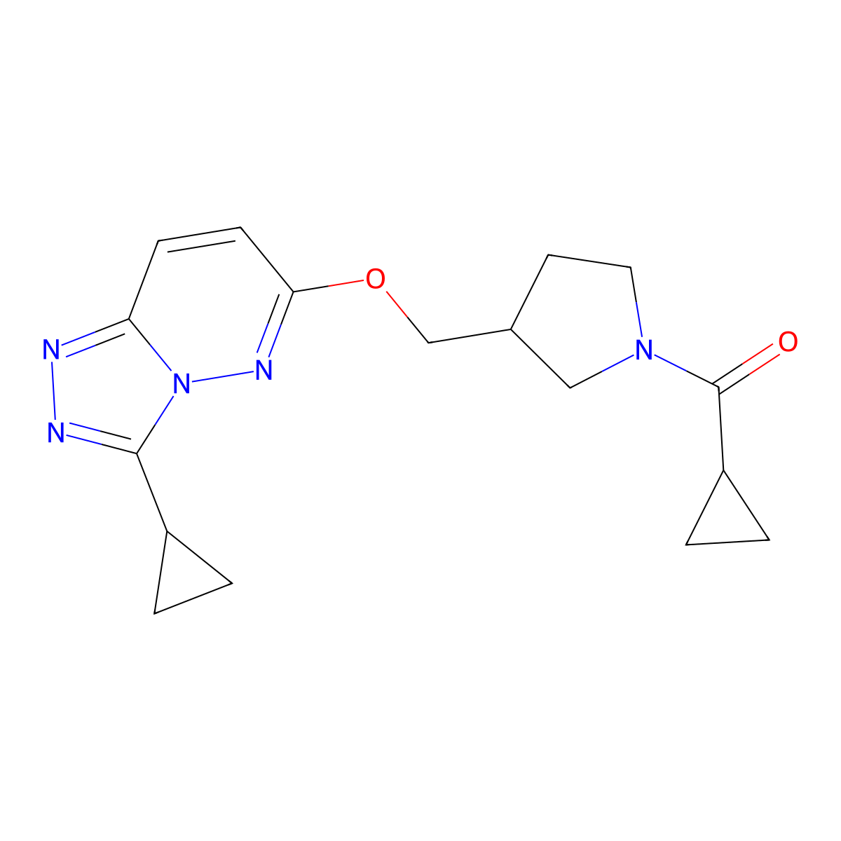 1-Cyclopropanecarbonyl-3-[({3-cyclopropyl-[1,2,4]triazolo[4,3-b]pyridazin-6-yl}oxy)methyl]pyrrolidine molecular structure, CAS 2548992-68-1