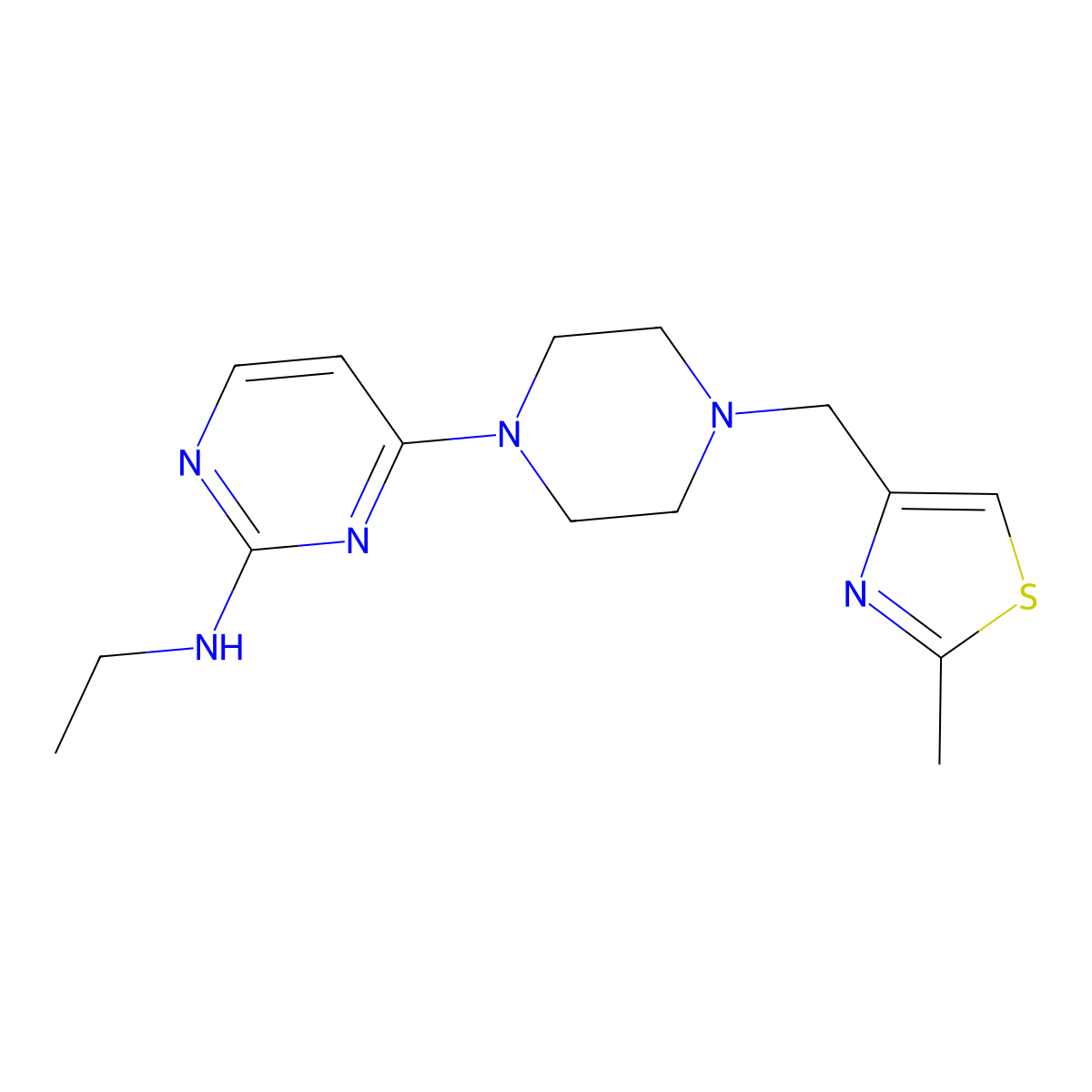 N-ethyl-4-{4-[(2-methyl-1,3-thiazol-4-yl)methyl]piperazin-1-yl}pyrimidin-2-amine molecular structure, CAS 2548992-84-1