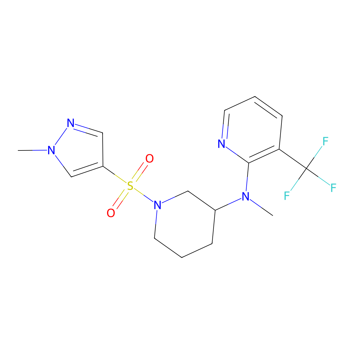 N-methyl-N-{1-[(1-methyl-1H-pyrazol-4-yl)sulfonyl]piperidin-3-yl}-3-(trifluoromethyl)pyridin-2-amine molecular structure, CAS 2548992-87-4