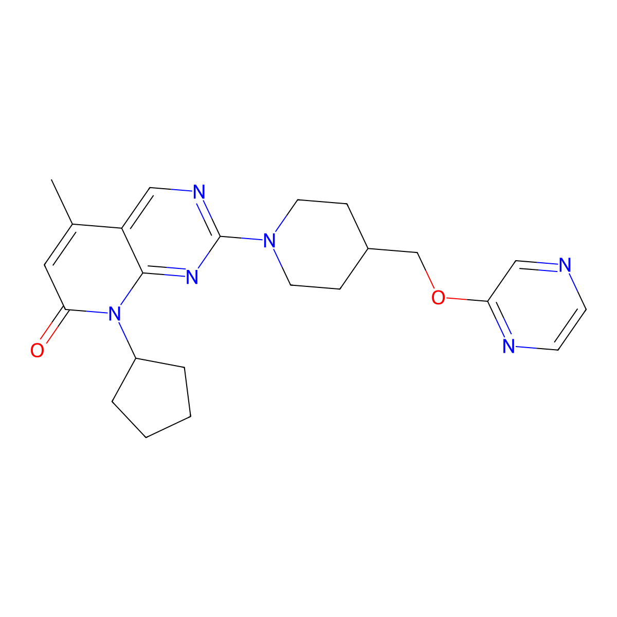 8-cyclopentyl-5-methyl-2-{4-[(pyrazin-2-yloxy)methyl]piperidin-1-yl}-7H,8H-pyrido[2,3-d]pyrimidin-7-one molecular structure, CAS 2548992-88-5