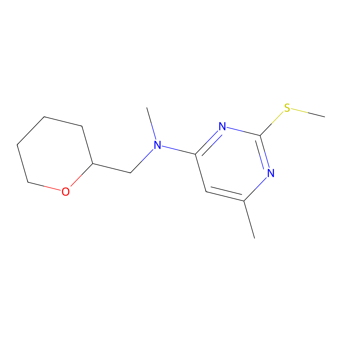 N,6-dimethyl-2-(methylsulfanyl)-N-[(oxan-2-yl)methyl]pyrimidin-4-amine molecular structure, CAS 2548992-89-6