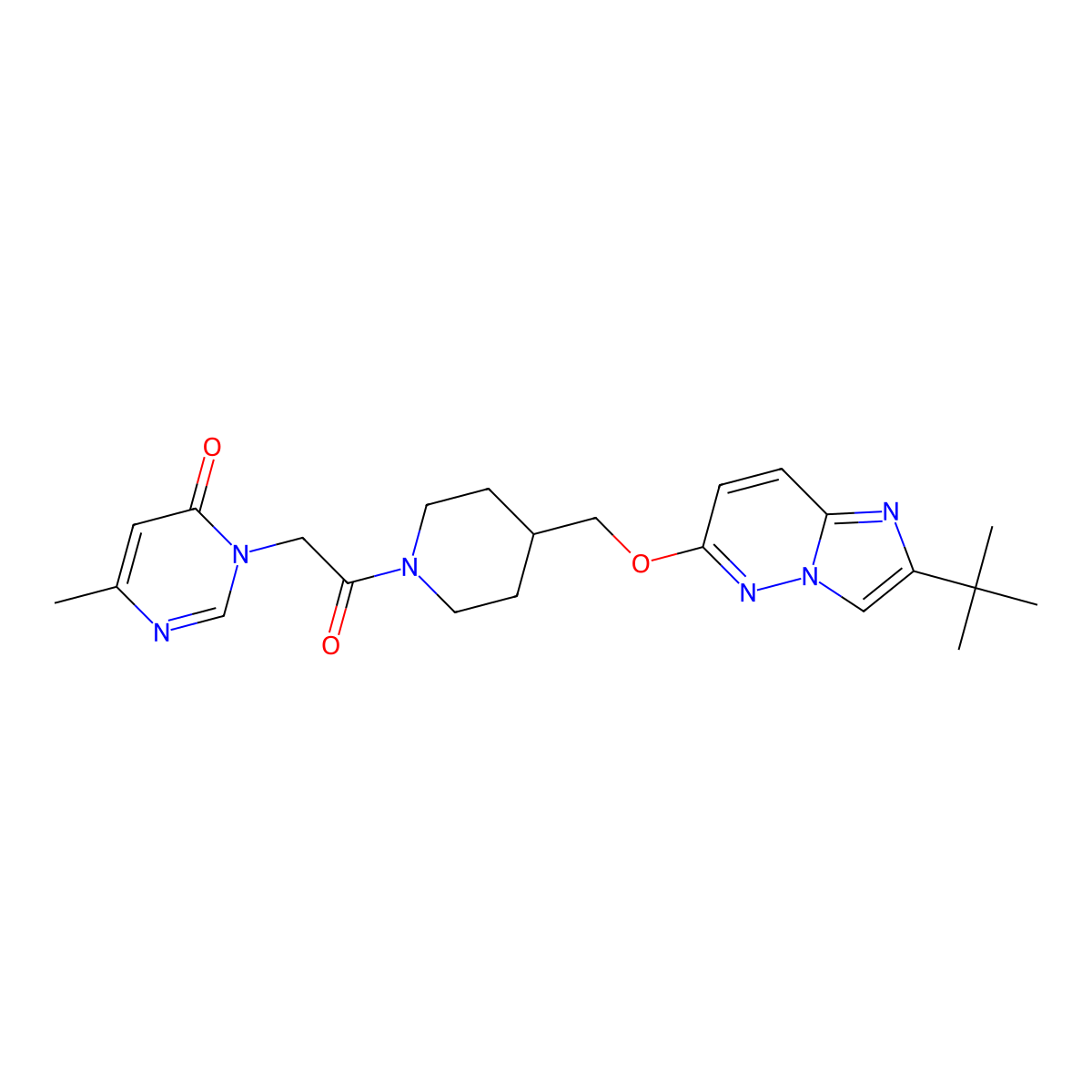 3-(2-{4-[({2-Tert-butylimidazo[1,2-b]pyridazin-6-yl}oxy)methyl]piperidin-1-yl}-2-oxoethyl)-6-methyl-3,4-dihydropyrimidin-4-one molecular structure, CAS 2548992-97-6