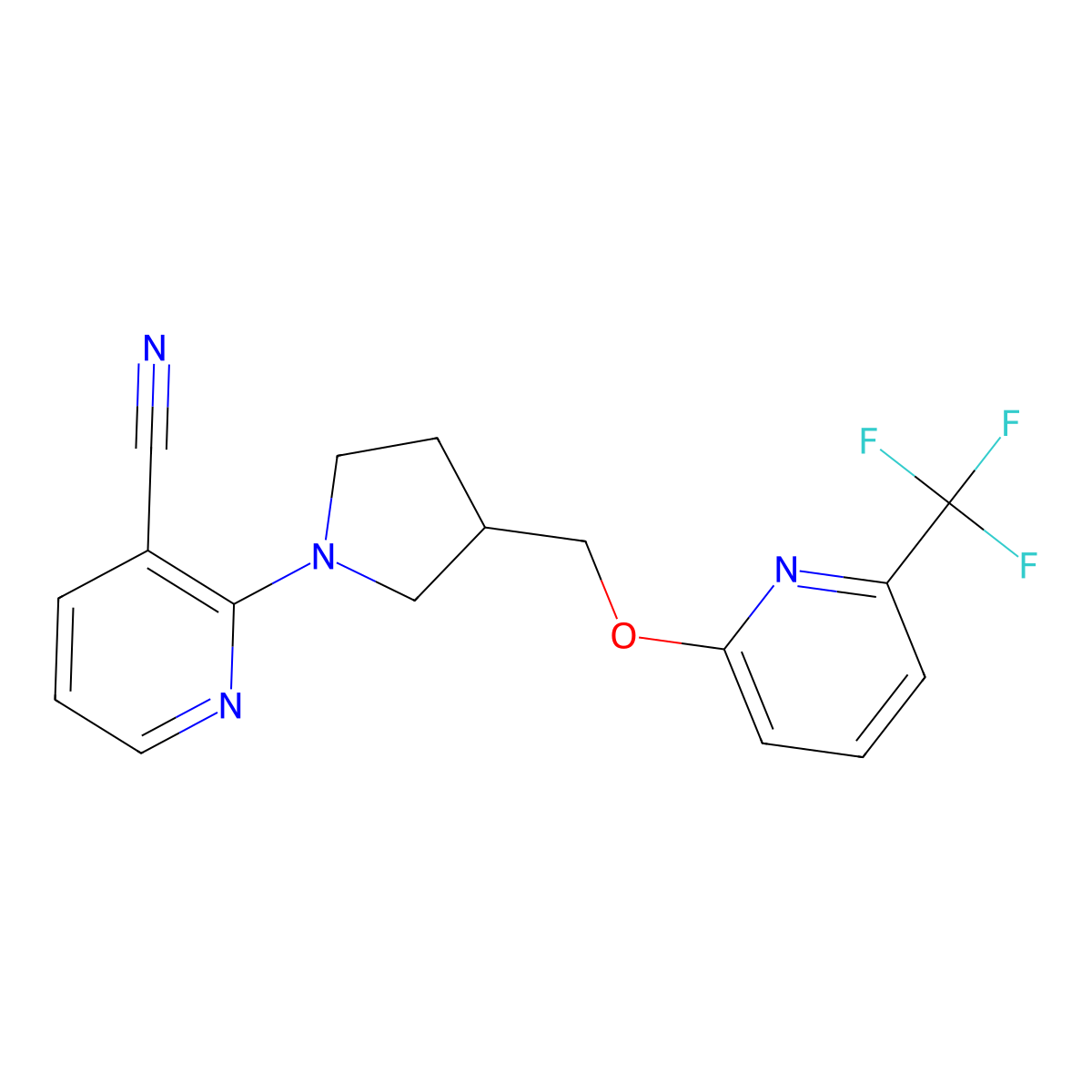 2-[3-({[6-(Trifluoromethyl)pyridin-2-yl]oxy}methyl)pyrrolidin-1-yl]pyridine-3-carbonitrile molecular structure, CAS 2548993-00-4