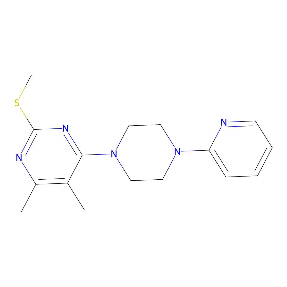 4,5-Dimethyl-2-(methylsulfanyl)-6-[4-(pyridin-2-yl)piperazin-1-yl]pyrimidine molecular structure, CAS 2548993-01-5