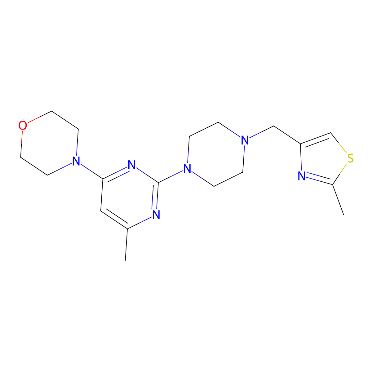 4-(6-Methyl-2-{4-[(2-methyl-1,3-thiazol-4-yl)methyl]piperazin-1-yl}pyrimidin-4-yl)morpholine molecular structure, CAS 2548993-09-3
