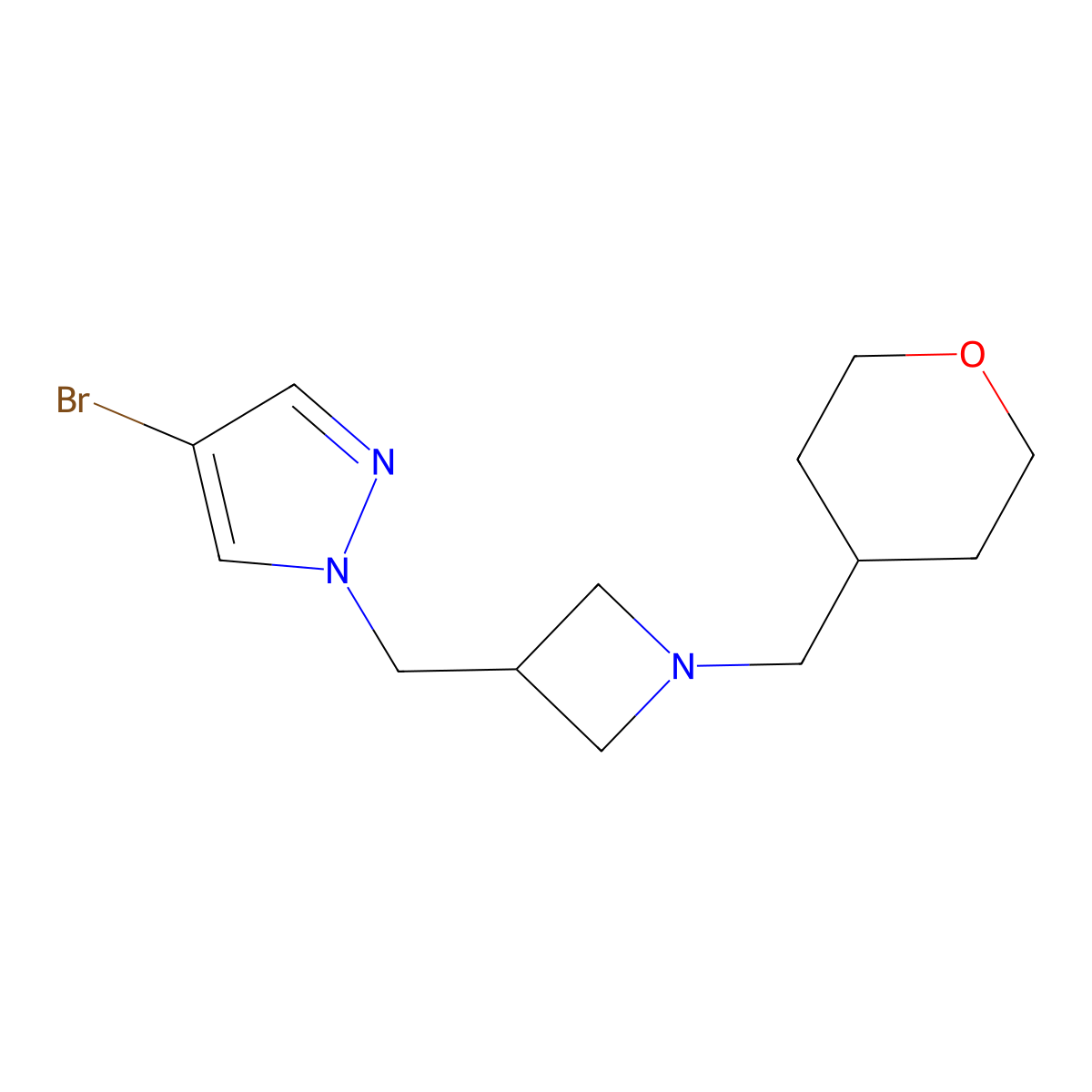 4-bromo-1-({1-[(oxan-4-yl)methyl]azetidin-3-yl}methyl)-1H-pyrazole molecular structure, CAS 2548993-10-6