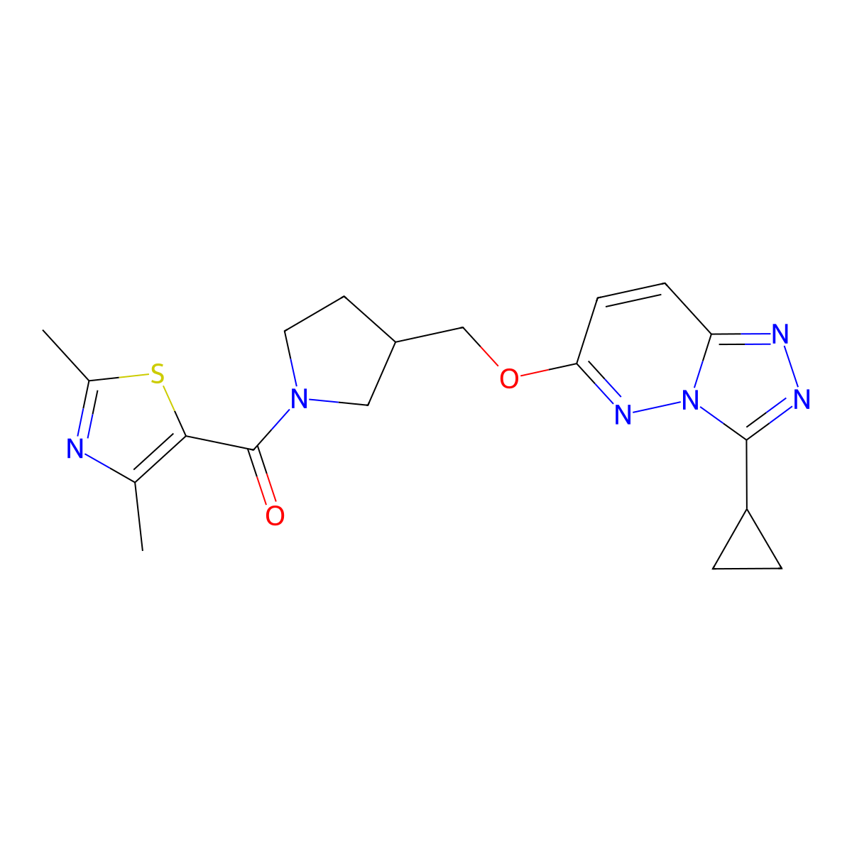 5-{3-[({3-Cyclopropyl-[1,2,4]triazolo[4,3-b]pyridazin-6-yl}oxy)methyl]pyrrolidine-1-carbonyl}-2,4-dimethyl-1,3-thiazole molecular structure, CAS 2548993-24-2