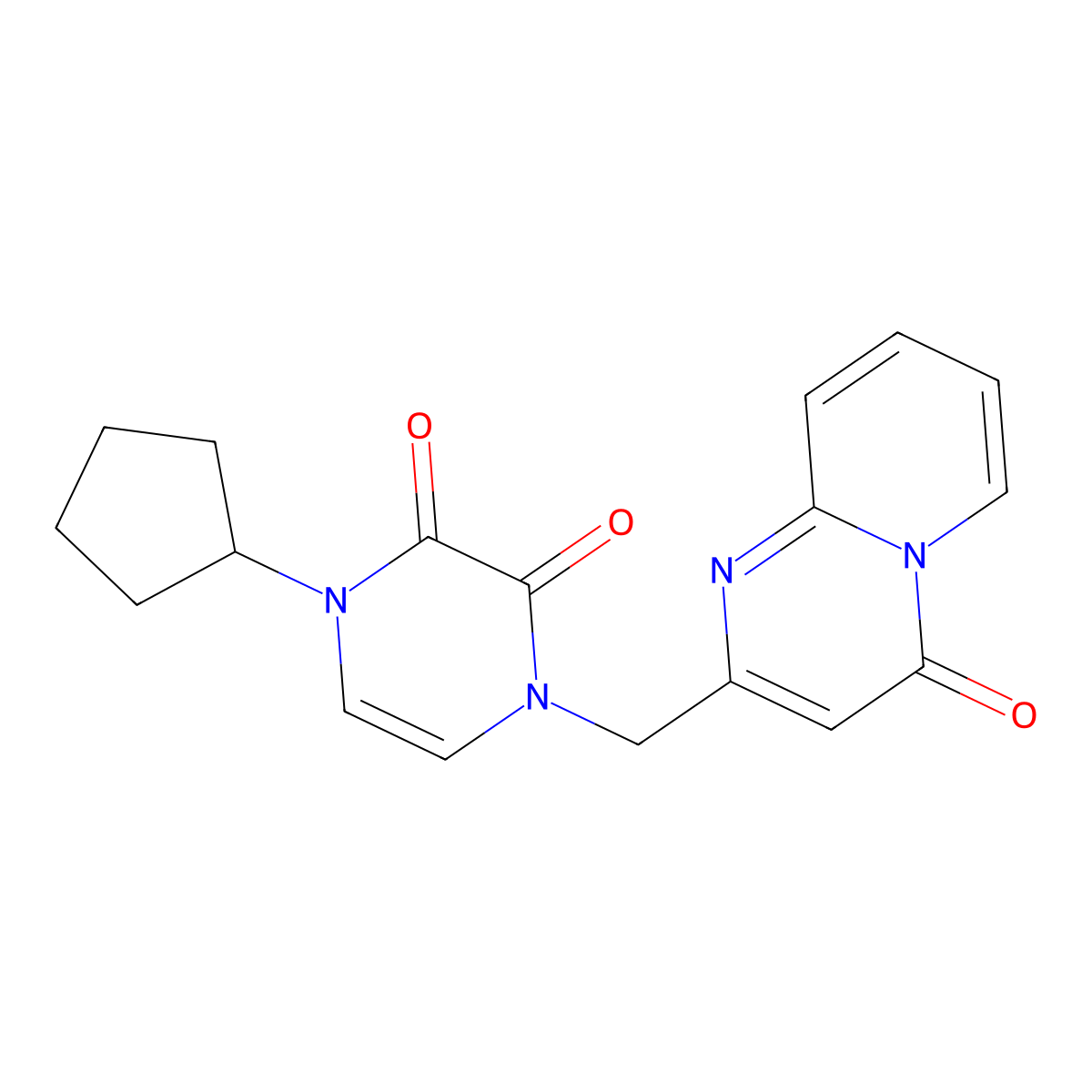 1-cyclopentyl-4-({4-oxo-4H-pyrido[1,2-a]pyrimidin-2-yl}methyl)-1,2,3,4-tetrahydropyrazine-2,3-dione molecular structure, CAS 2548993-25-3