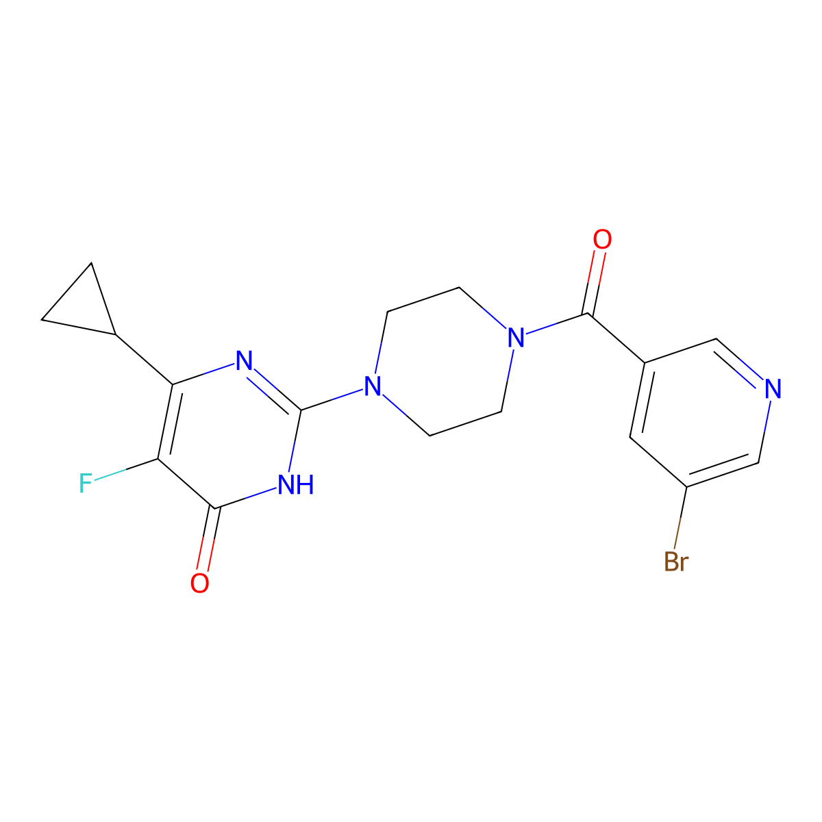 2-[4-(5-Bromopyridine-3-carbonyl)piperazin-1-yl]-6-cyclopropyl-5-fluoro-3,4-dihydropyrimidin-4-one molecular structure, CAS 2548993-29-7