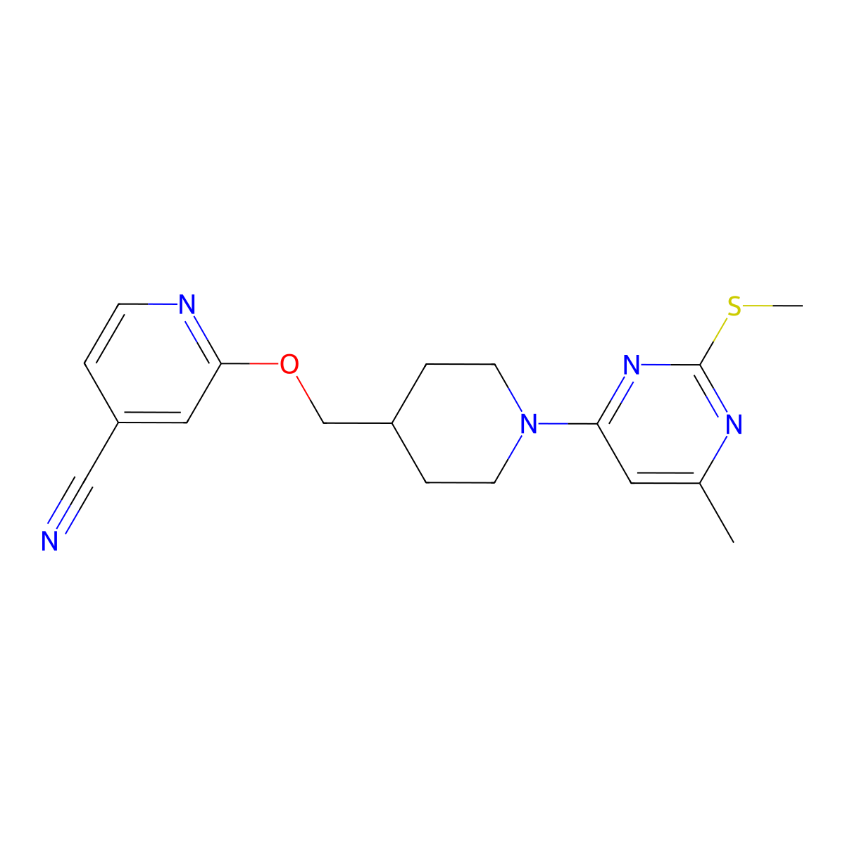 2-({1-[6-Methyl-2-(methylsulfanyl)pyrimidin-4-yl]piperidin-4-yl}methoxy)pyridine-4-carbonitrile molecular structure, CAS 2548993-34-4