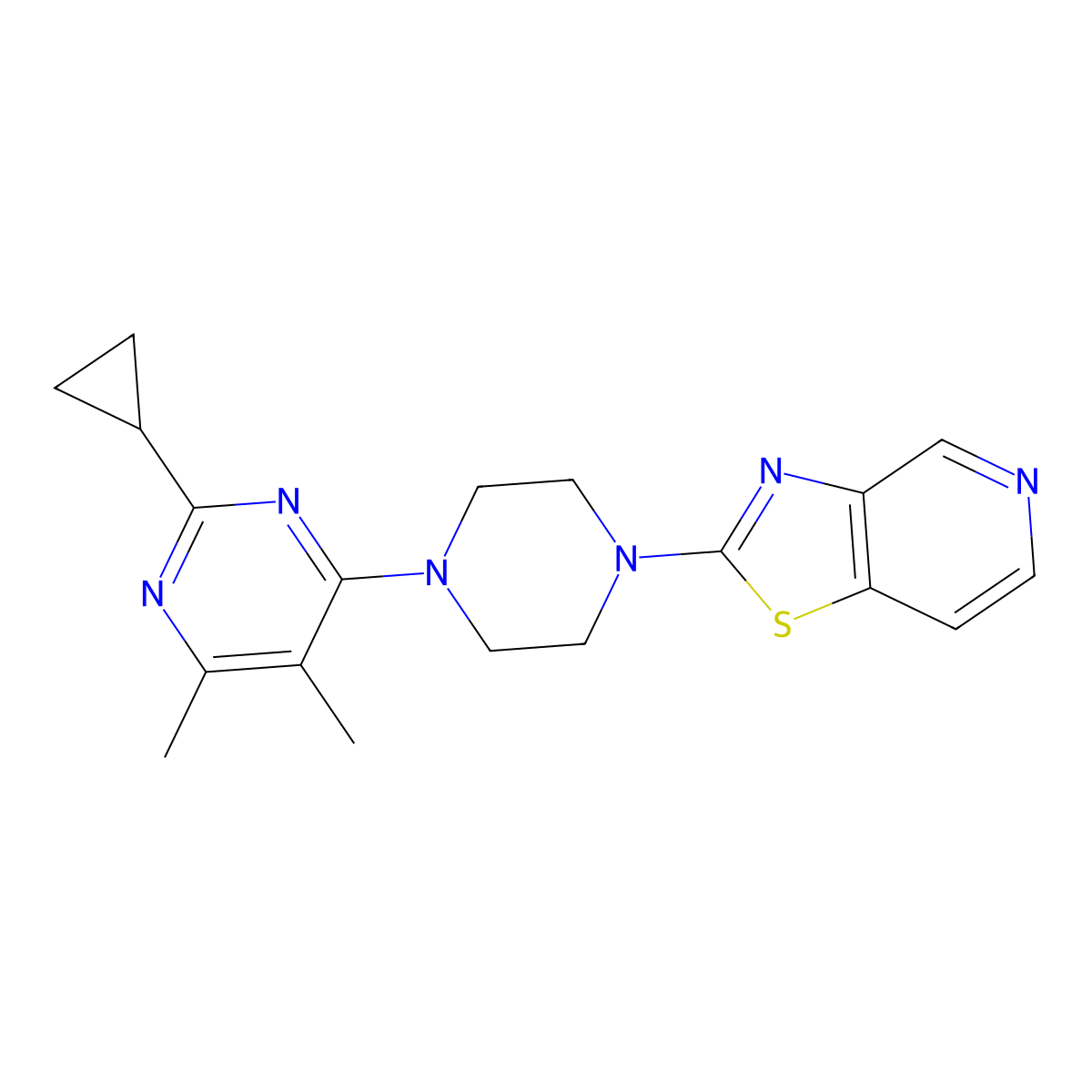 2-Cyclopropyl-4,5-dimethyl-6-(4-{[1,3]thiazolo[4,5-c]pyridin-2-yl}piperazin-1-yl)pyrimidine molecular structure, CAS 2548993-45-7