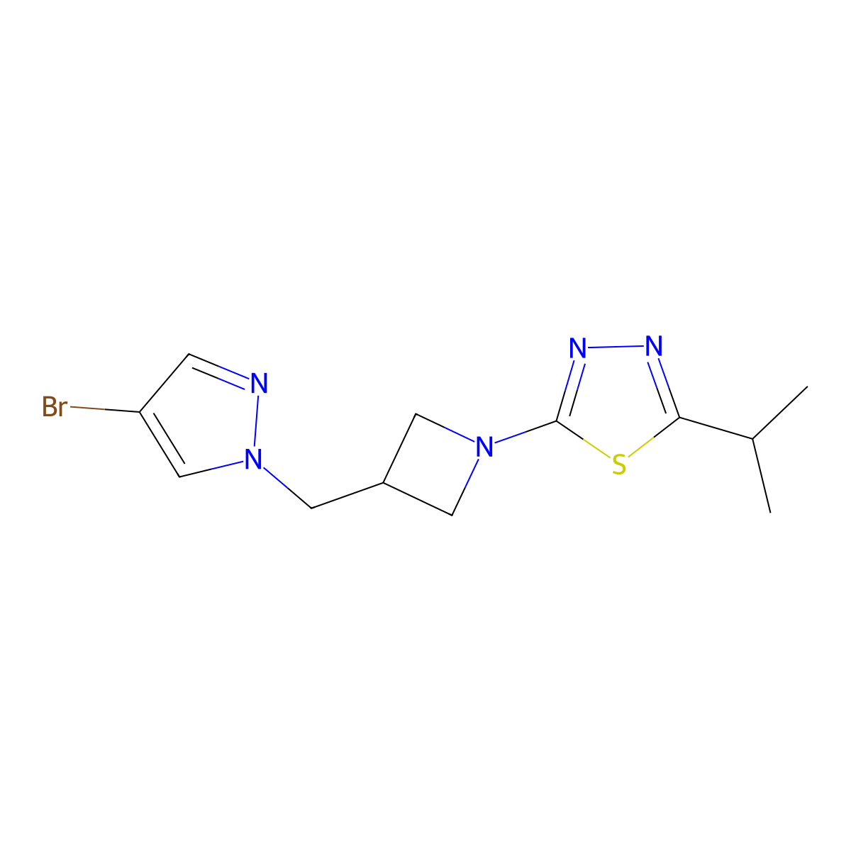 2-{3-[(4-bromo-1H-pyrazol-1-yl)methyl]azetidin-1-yl}-5-(propan-2-yl)-1,3,4-thiadiazole molecular structure, CAS 2548993-48-0