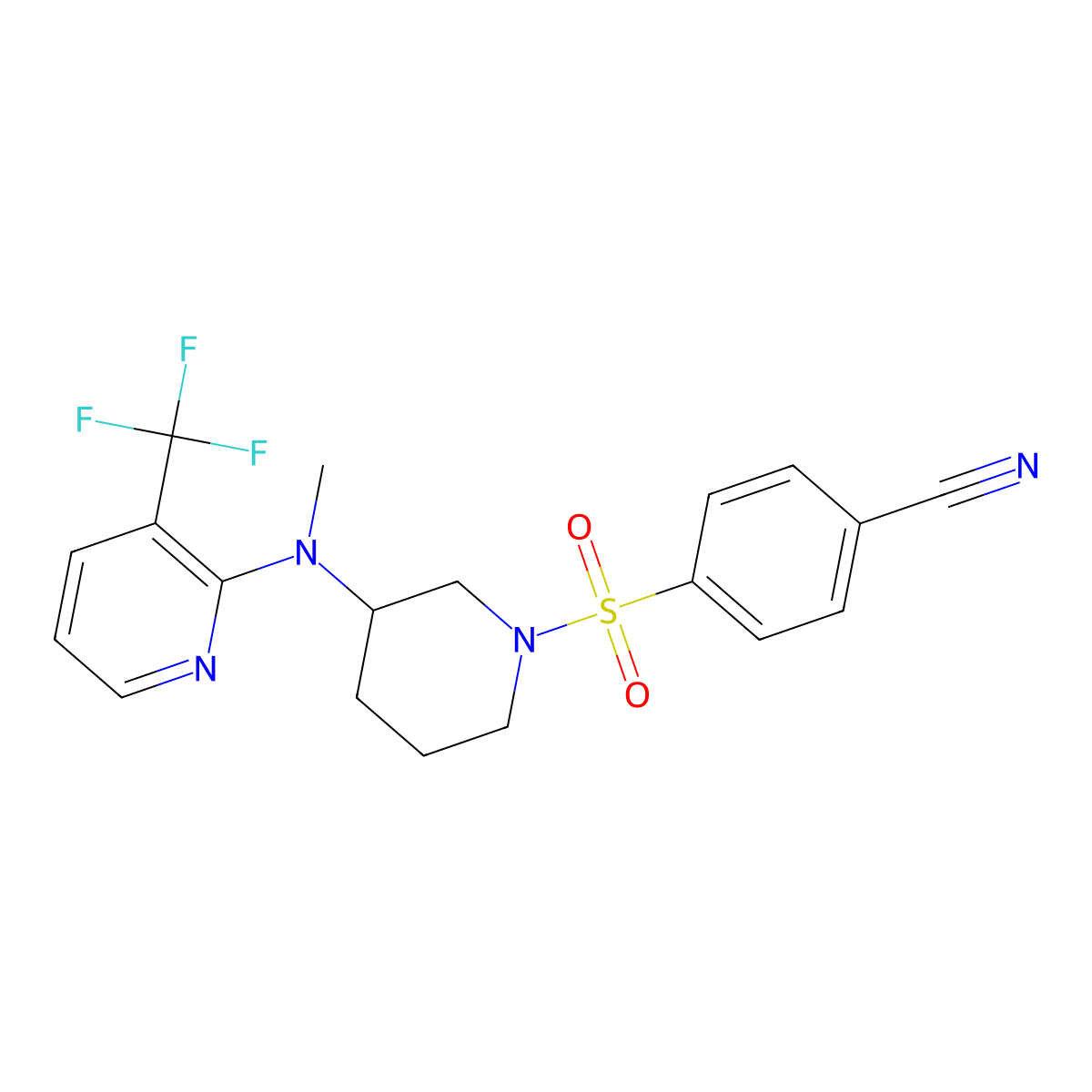 4-[(3-{Methyl[3-(trifluoromethyl)pyridin-2-yl]amino}piperidin-1-yl)sulfonyl]benzonitrile molecular structure, CAS 2548993-60-6