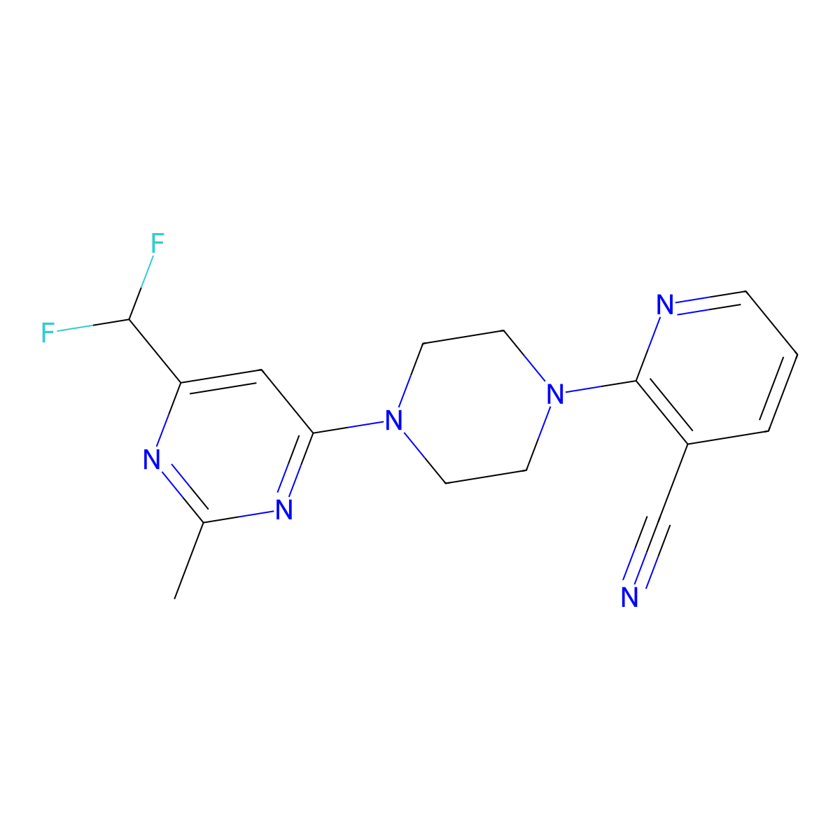 2-{4-[6-(Difluoromethyl)-2-methylpyrimidin-4-yl]piperazin-1-yl}pyridine-3-carbonitrile molecular structure, CAS 2548993-65-1