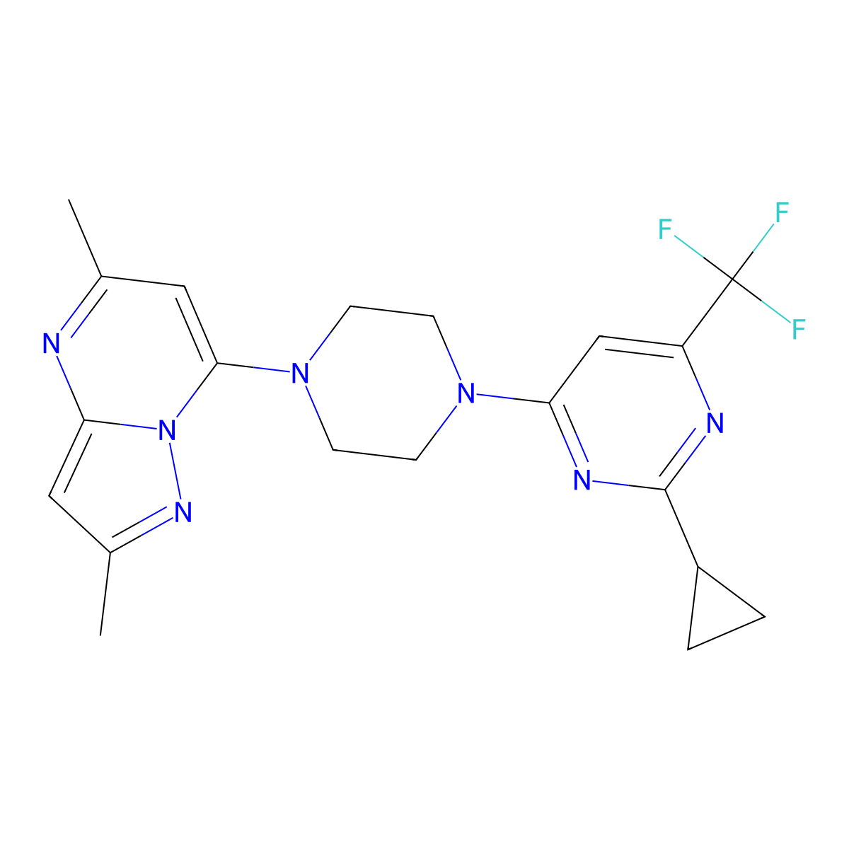 2-Cyclopropyl-4-(4-{2,5-dimethylpyrazolo[1,5-a]pyrimidin-7-yl}piperazin-1-yl)-6-(trifluoromethyl)pyrimidine molecular structure, CAS 2548993-74-2