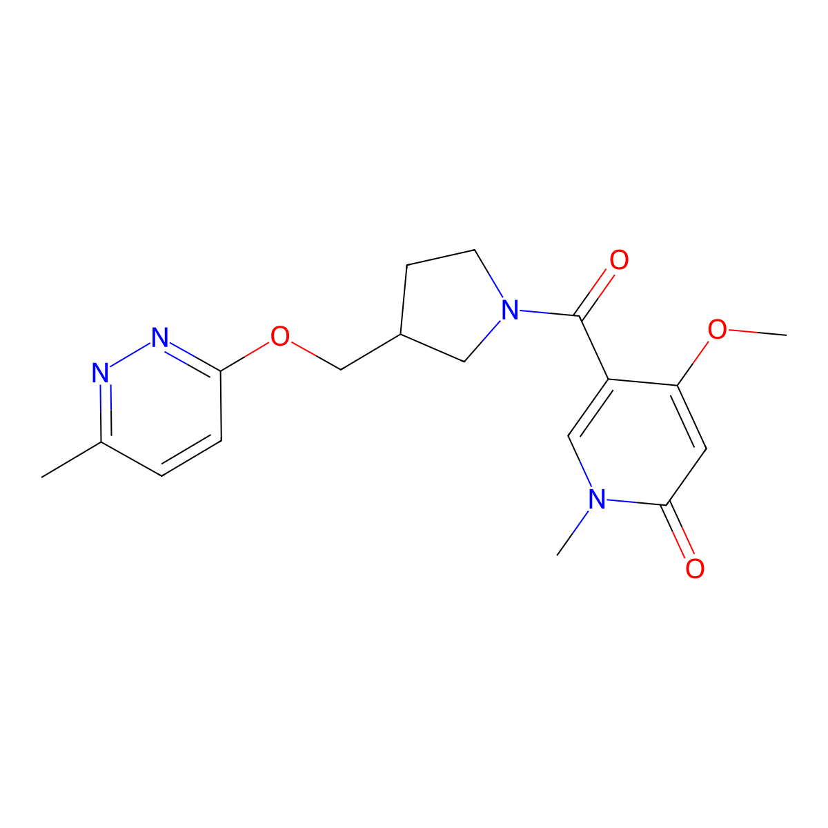 4-Methoxy-1-methyl-5-(3-{[(6-methylpyridazin-3-yl)oxy]methyl}pyrrolidine-1-carbonyl)-1,2-dihydropyridin-2-one molecular structure, CAS 2548993-81-1