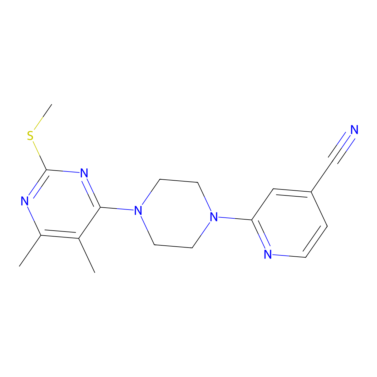 2-{4-[5,6-Dimethyl-2-(methylsulfanyl)pyrimidin-4-yl]piperazin-1-yl}pyridine-4-carbonitrile molecular structure, CAS 2548993-85-5