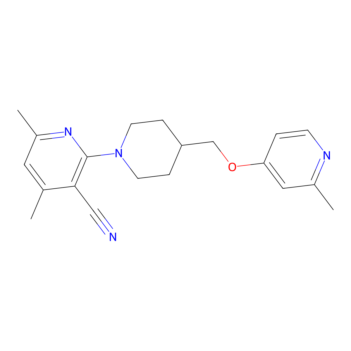 4,6-Dimethyl-2-(4-{[(2-methylpyridin-4-yl)oxy]methyl}piperidin-1-yl)pyridine-3-carbonitrile molecular structure, CAS 2548993-89-9